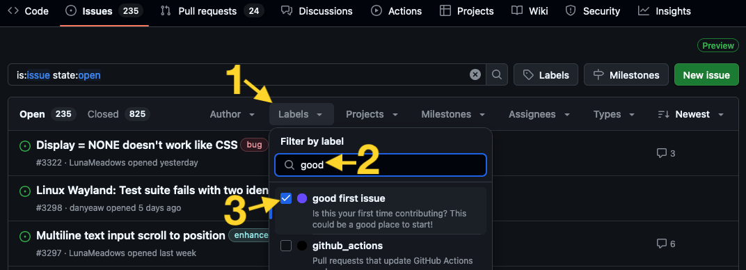 The GitHub issue label filter drop-down menu activated with a search for the word "good" to filter down to "good first issue".